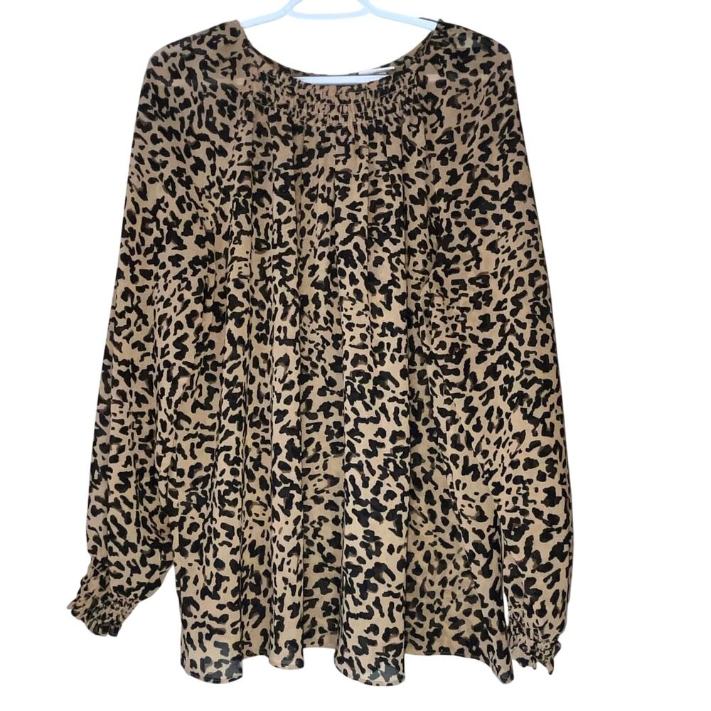 Ava & Viv Brown & Black Leopard Print Slightly Sheer Long Sleeve Bouse Size 2X
